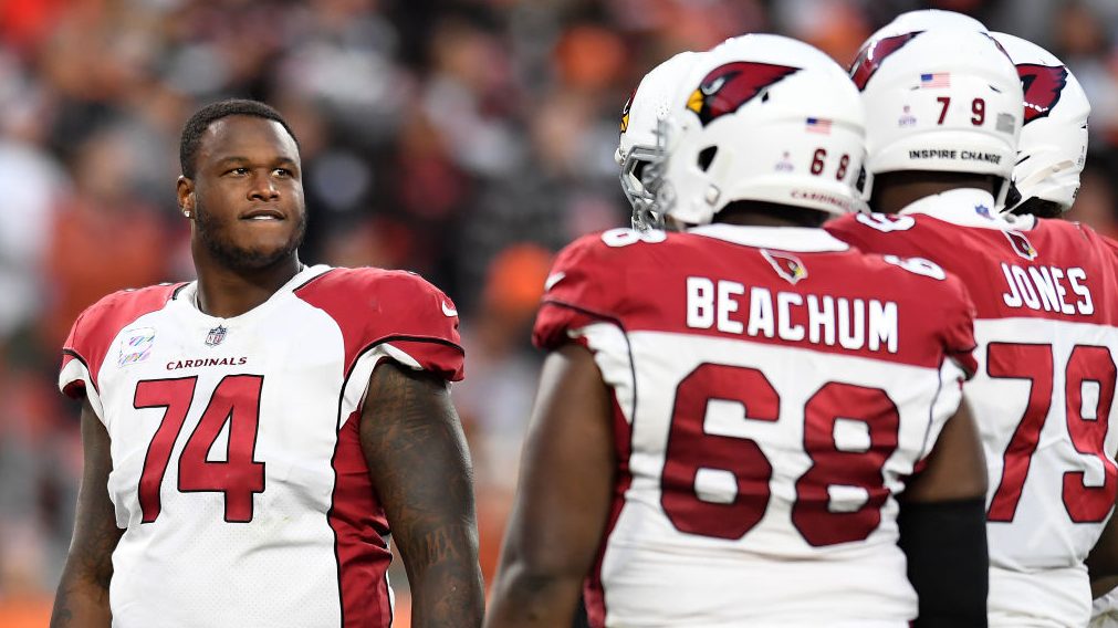 D.J. Humphries #74 of the Arizona Cardinals looks on during the fourth quarter against the Clevelan...