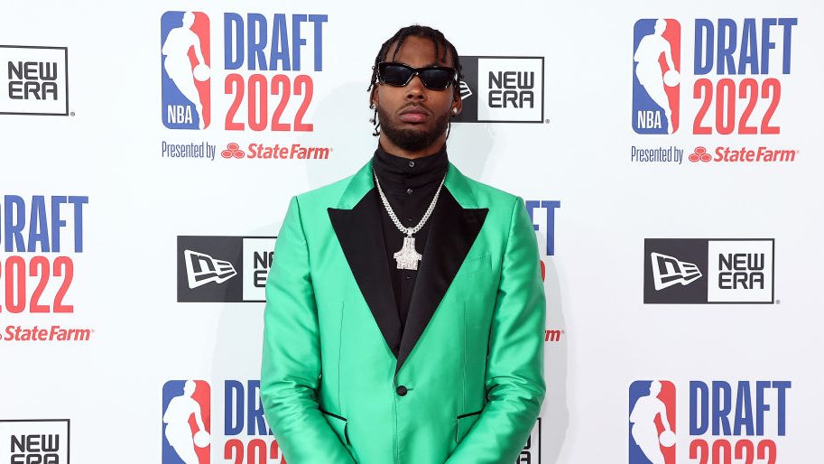Tari Eason poses for photos on the red carpet during the 2022 NBA Draft at Barclays Center on June ...