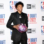 NEW YORK, NEW YORK - JUNE 23: MarJon Beauchamp poses for photos on the red carpet during the 2022 NBA Draft at Barclays Center on June 23, 2022 in New York City. (Photo by Arturo Holmes/Getty Images)
