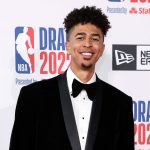 NEW YORK, NEW YORK - JUNE 23: Kristopher “Kris London” Obaseki poses for photos on the red carpet during the 2022 NBA Draft at Barclays Center on June 23, 2022 in New York City. (Photo by Arturo Holmes/Getty Images)