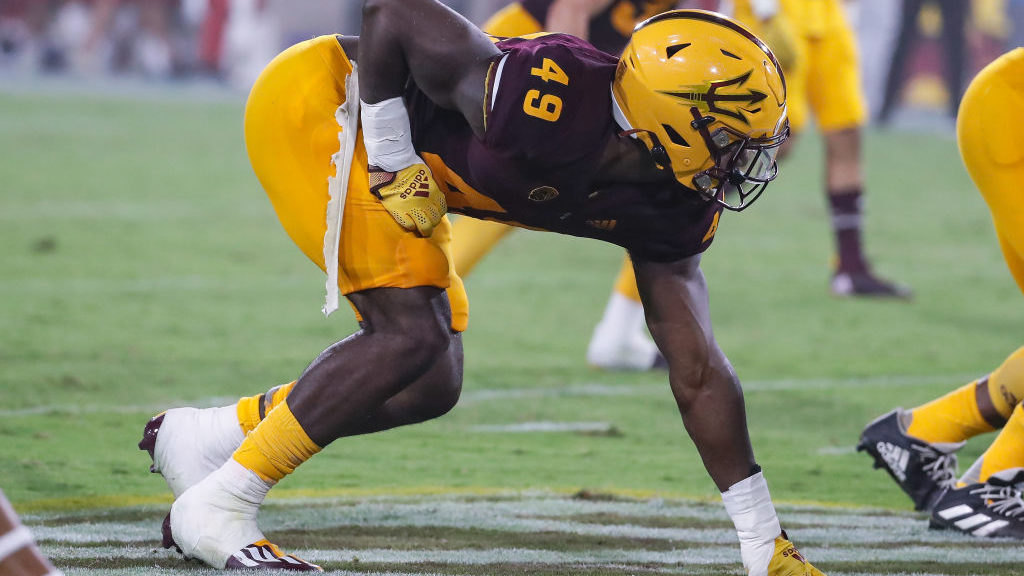 Arizona State Sun Devils defensive lineman Travez Moore (49) lines up during the college football g...