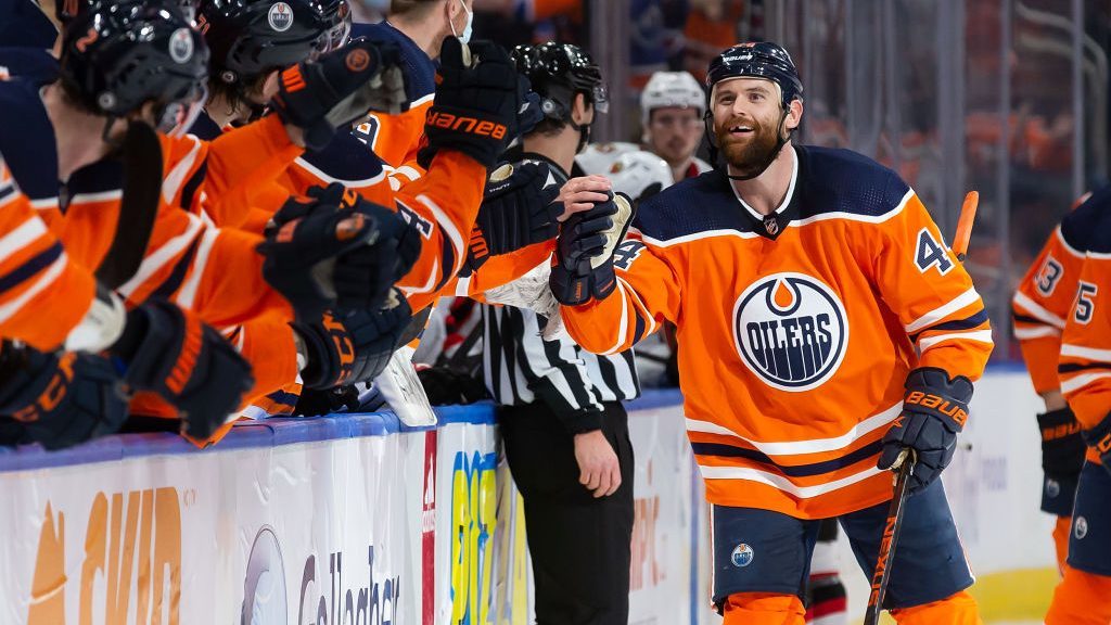 Zack Kassian #44 of the Edmonton Oilers celebrates a goal against the Ottawa Senators during the fi...