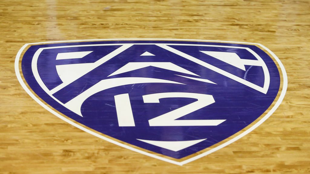 Pac-12 logo on the court after a college basketball game between the Arizona State Sun Devils and t...
