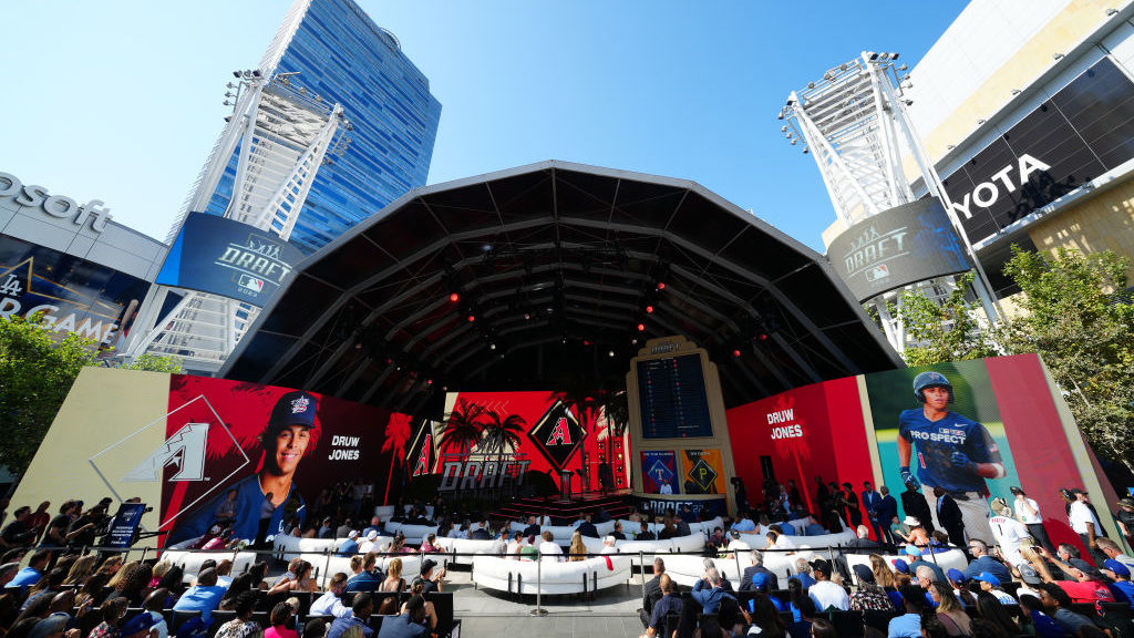 A view of the draft board and stage after the selection of Druw Jones as the second pick overall du...