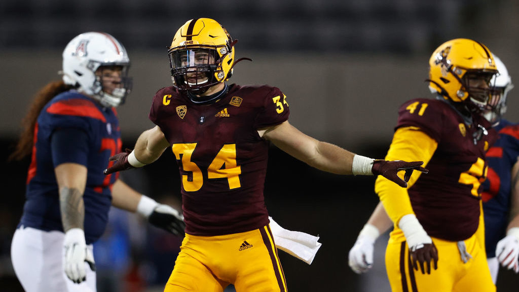 Linebacker Kyle Soelle #34 of the Arizona State Sun Devils reacts after a defensive stop against th...