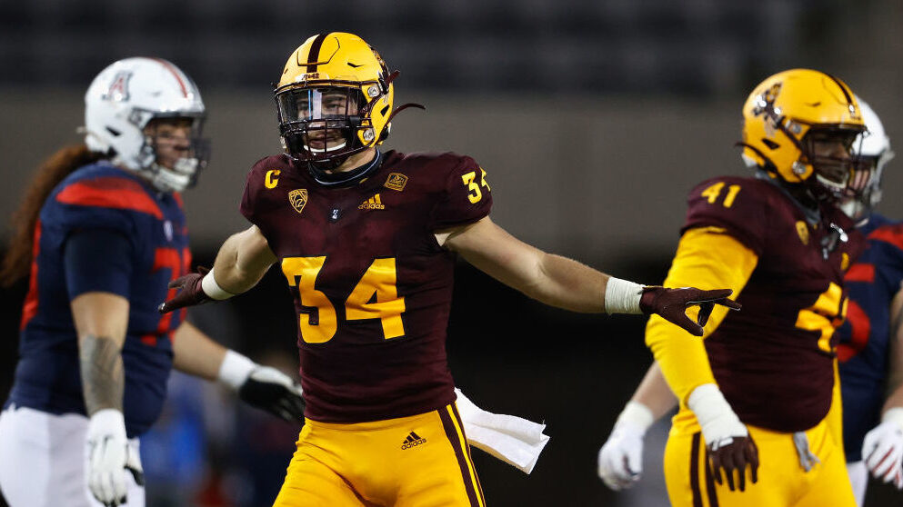 Linebacker Kyle Soelle #34 of the Arizona State Sun Devils reacts after a defensive stop against th...