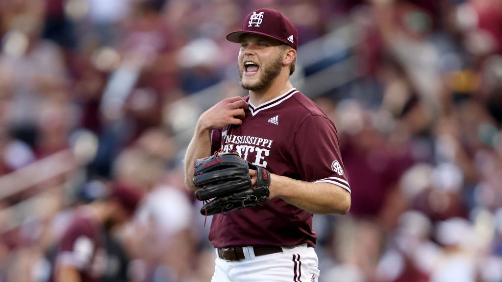 Landon Sims #23 of the Mississippi St. reacts against Vanderbilt in the bottom of the eighth inning...