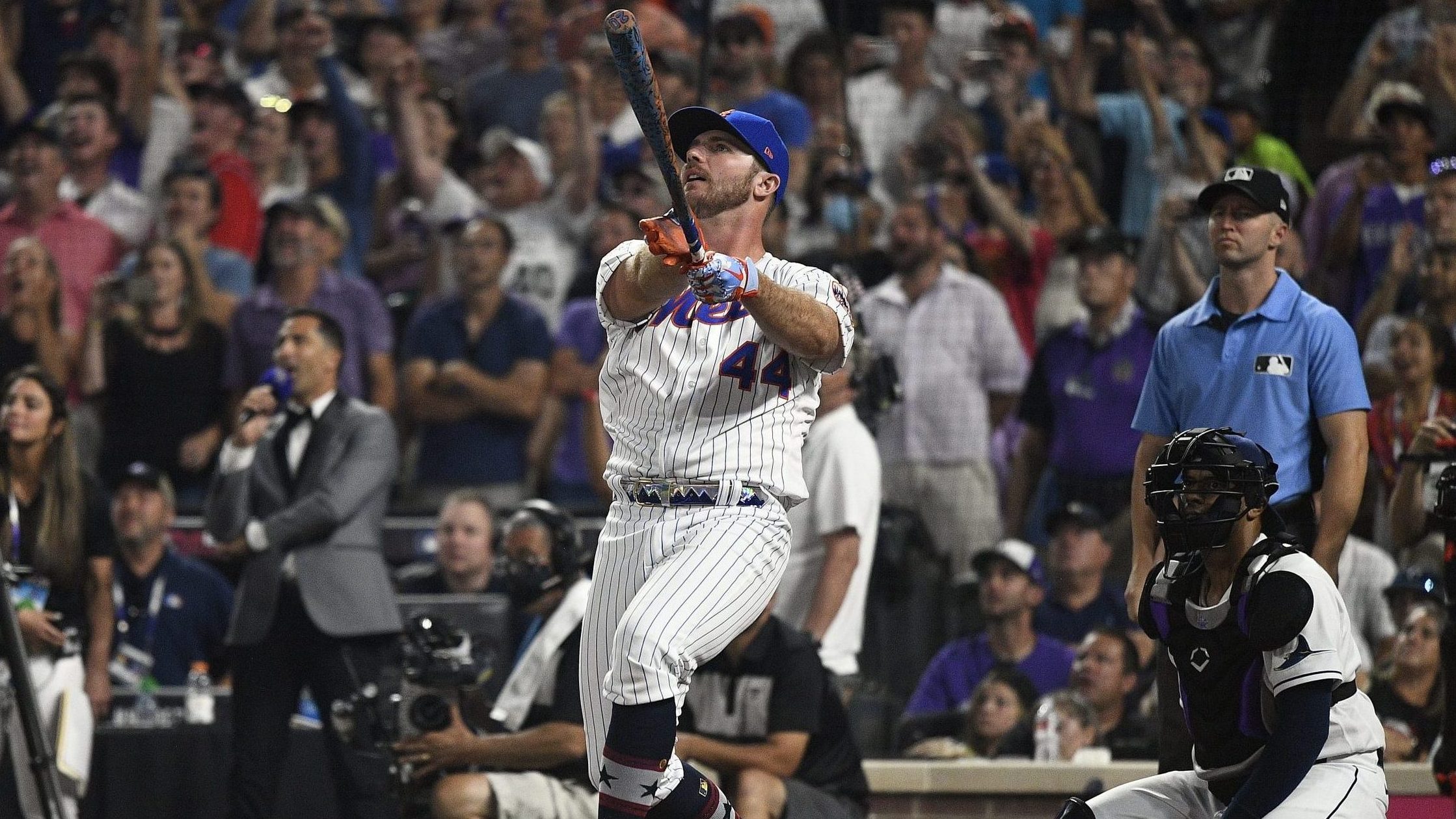 Pete Alonso #20 of the New York Mets bats in the final round of the 2021 T-Mobile Home Run Derby at...