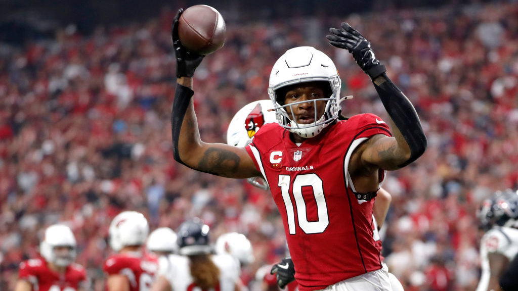 DeAndre Hopkins #10 of the Arizona Cardinals celebrates after scoring a touchdown in the second qua...