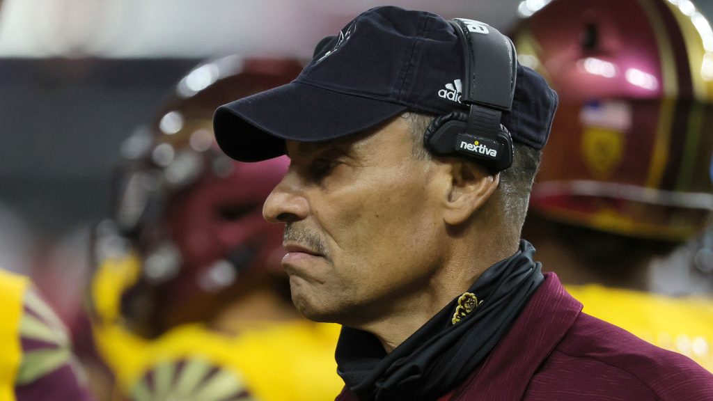 Head coach Herm Edwards of the Arizona State Sun Devils looks on during a timeout in the SRS Distri...