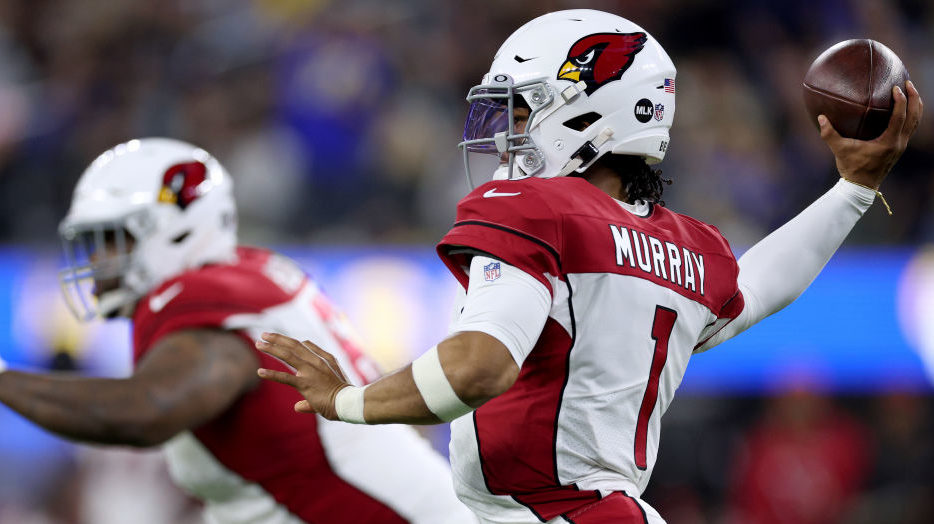 Kyler Murray #1 of the Arizona Cardinals passes during a 34-11 loss to the Los Angeles Rams during ...