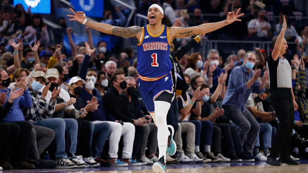 Damion Lee #1 of the Golden State Warriors celebrates after a three point basket in the first half ...