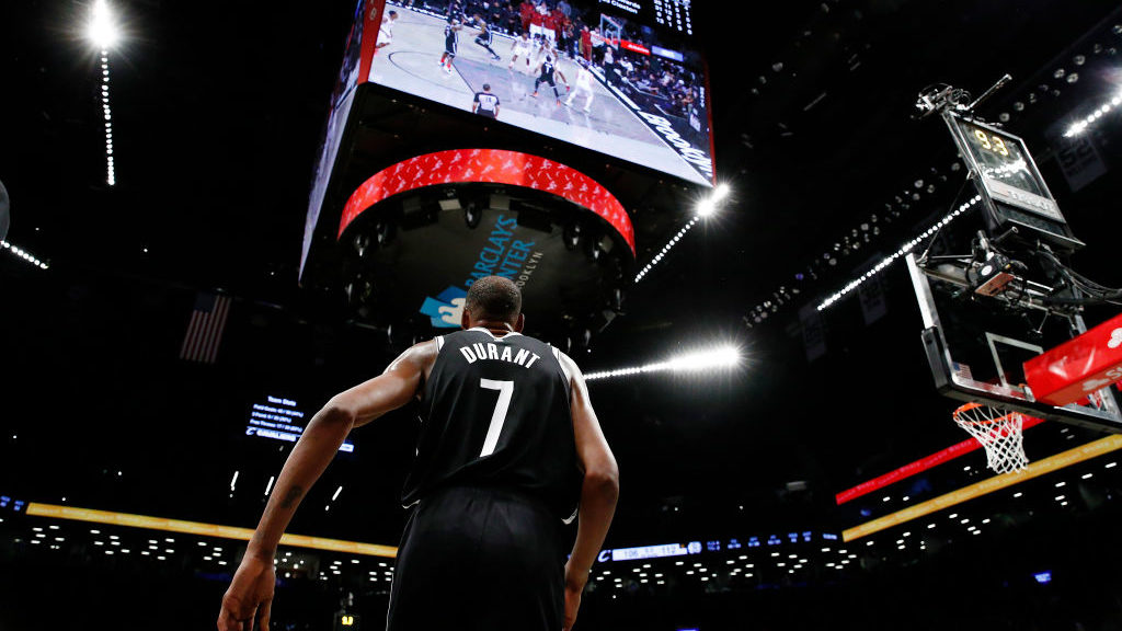 Kevin Durant #7 of the Brooklyn Nets looks on during the second half of the Eastern Conference 2022...