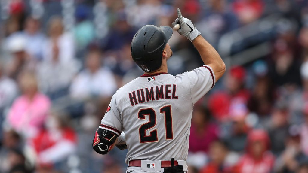 Cooper Hummel #21 of the Arizona Diamondbacks celebrates his home run against the Washington Nation...