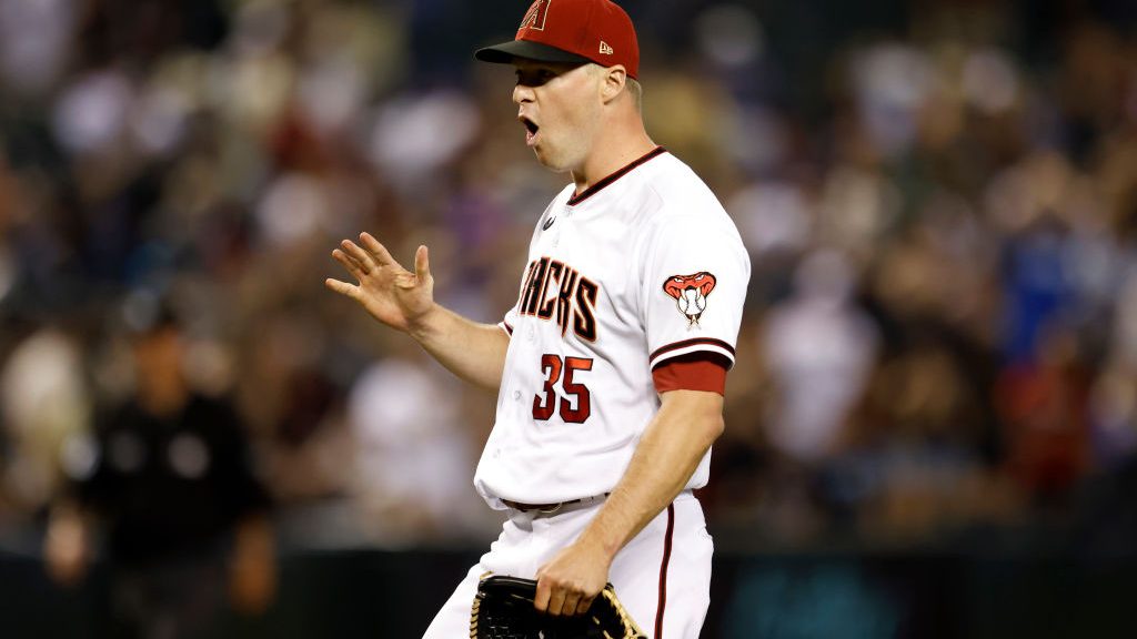 Joe Mantiply #35 of the Arizona Diamondbacks reacts after the final out of the game against the New...