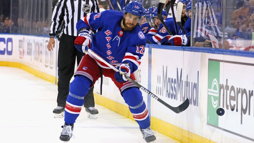Patrik Nemeth #12 of the New York Rangers skates against the Pittsburgh Penguins in Game Two of the...