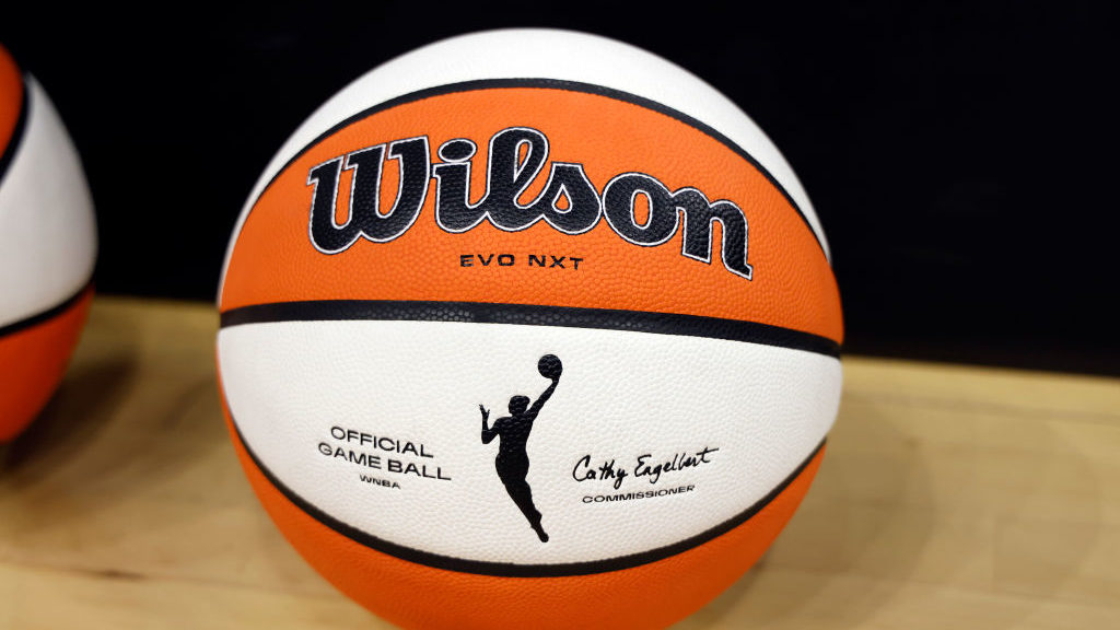 A detail view of a the official Wilson basketball before the game between the Phoenix Mercury and t...