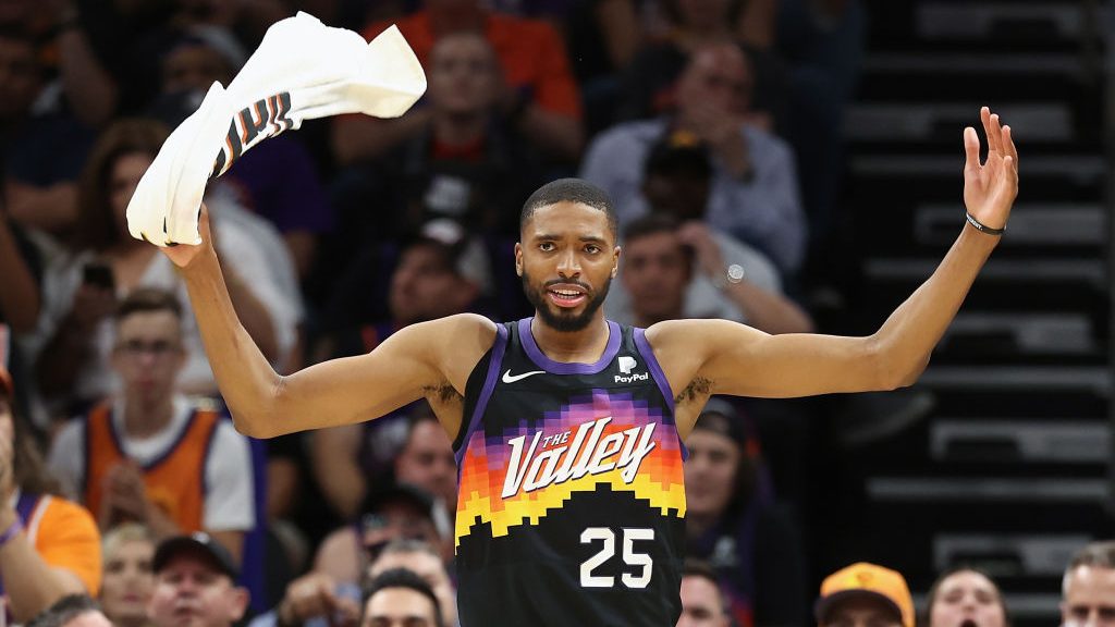 Mikal Bridges #25 of the Phoenix Suns cheers from the bench during the second half of Game Five of ...