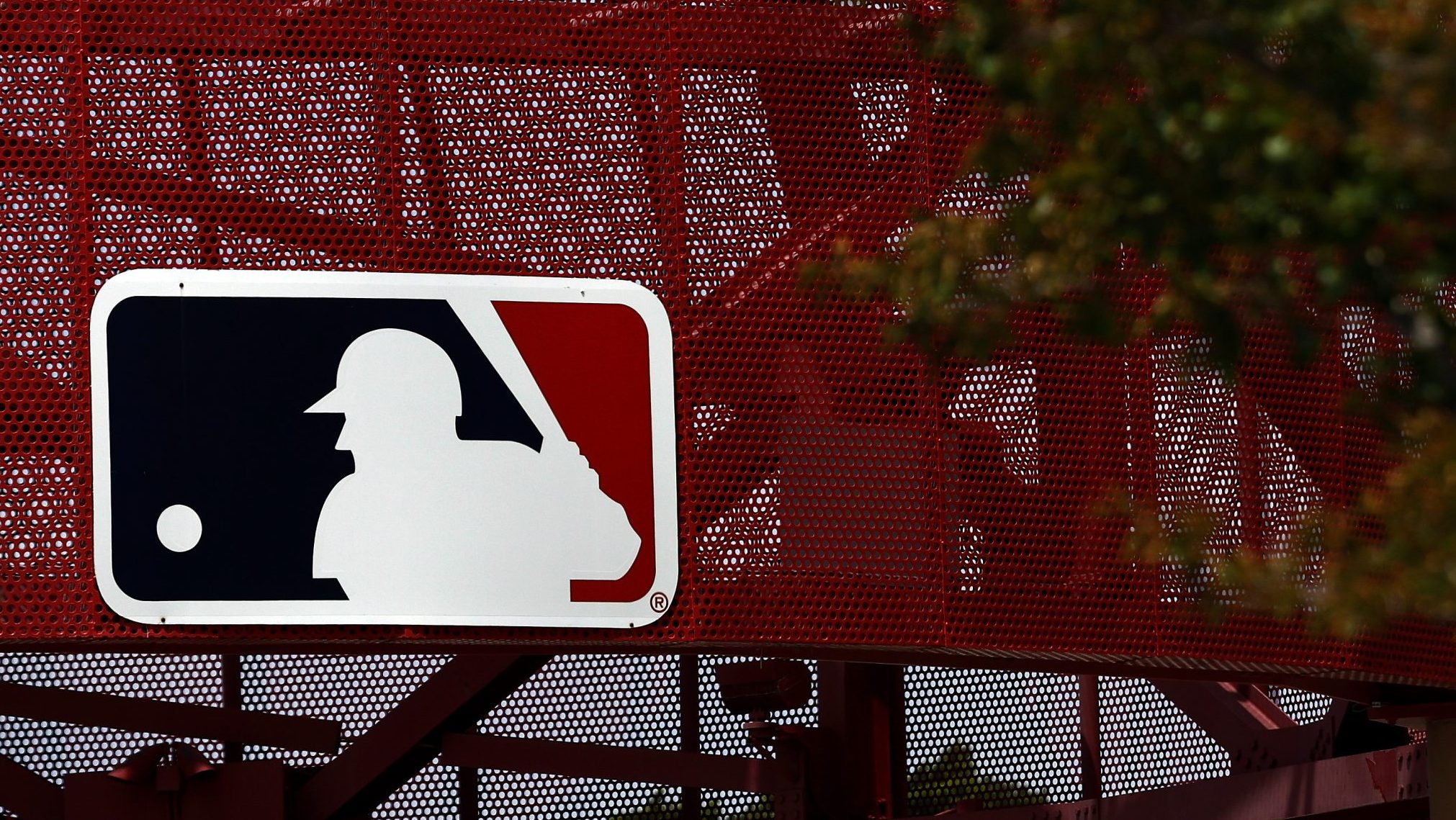 A MLB logo is seen before a game between the Oakland Athletics and the Los Angeles Angels at Angel ...