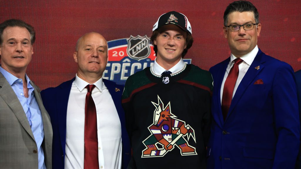 Logan Cooley is drafted by the Arizona Coyotes during Round One of the 2022 Upper Deck NHL Draft at...
