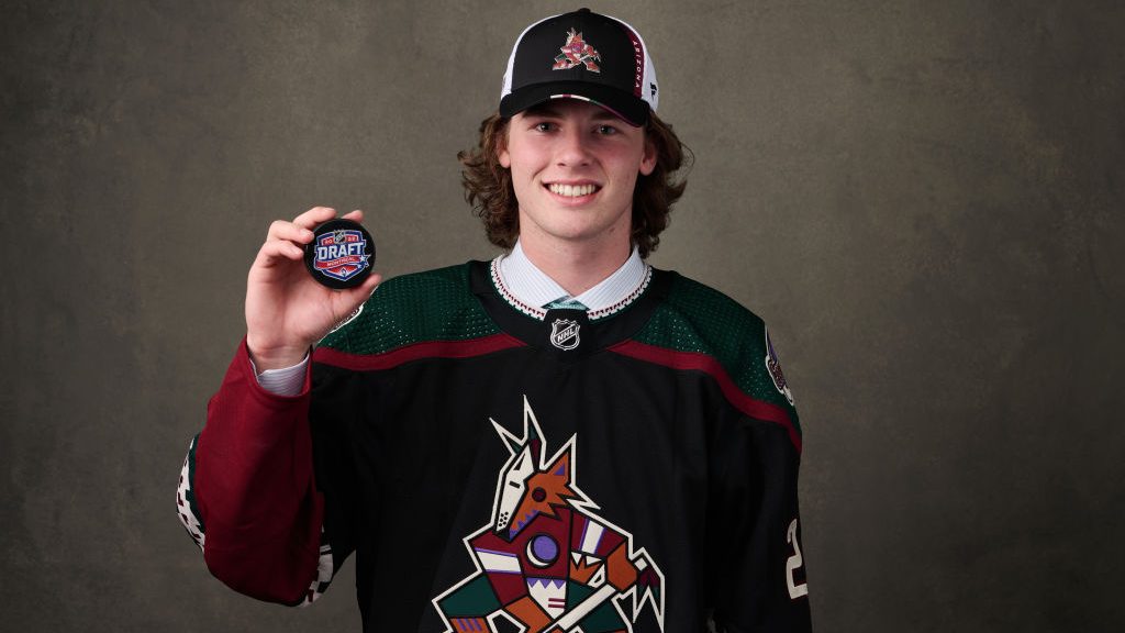 Conor Geekie, #11 pick by the Arizona Coyotes, poses for a portrait during the 2022 Upper Deck NHL ...