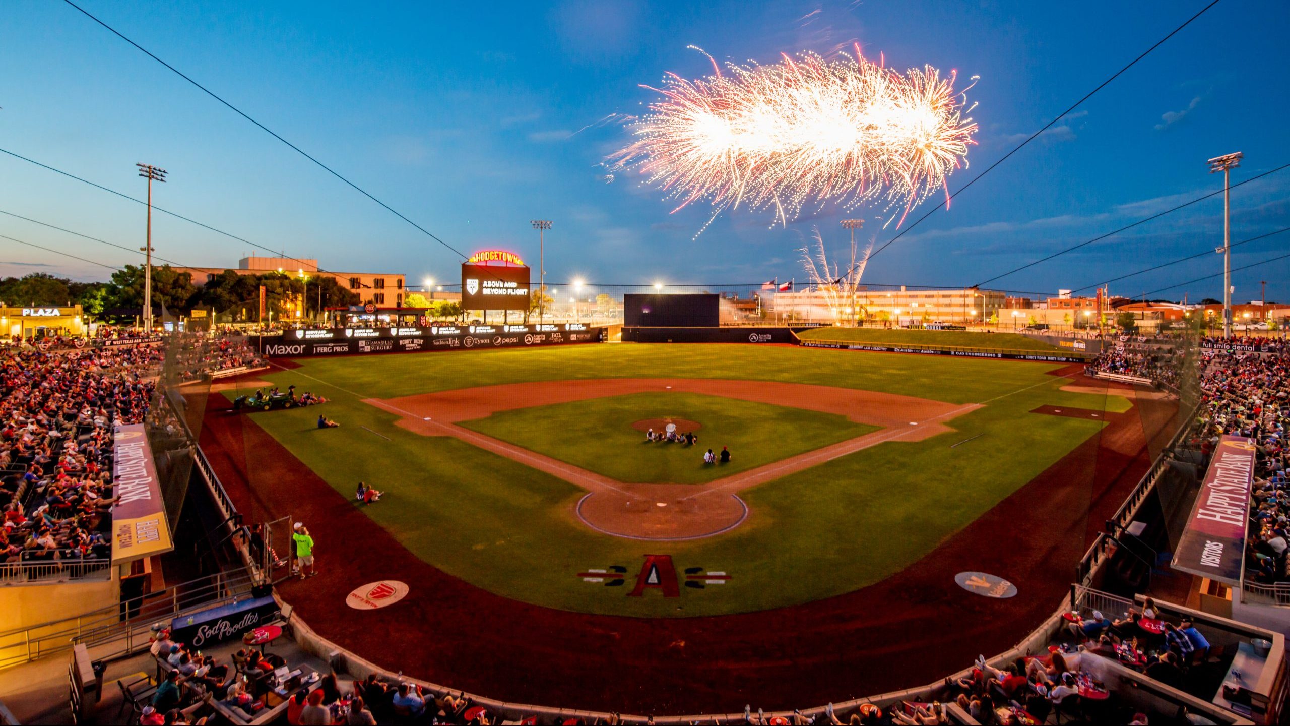AMARILLO, TEXAS - JULY 03: Fireworks are shot off after the game between the Amarillo Sod Poodles n...