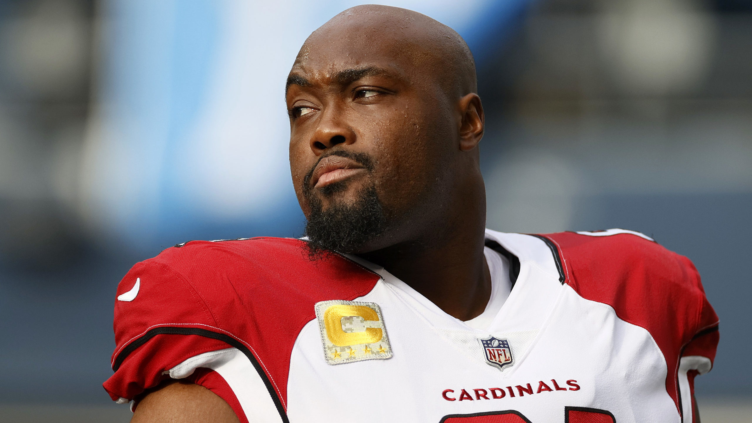 Rodney Hudson #61 of the Arizona Cardinals looks on before the game against the Seattle Seahawks at...
