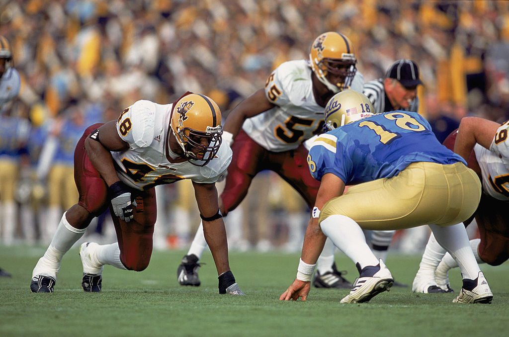 1 Dec 2001:  Terrell Suggs #48 of the Arizona State Sun Devils lines up across from Mike Seidman #1...