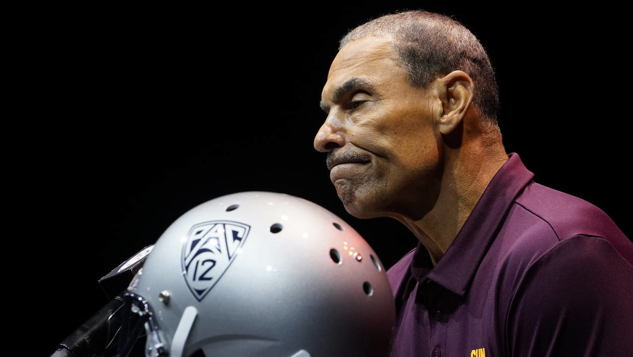 Arizona State coach Herm Edwards speaks during the Pac-12 Conference men's NCAA college football me...