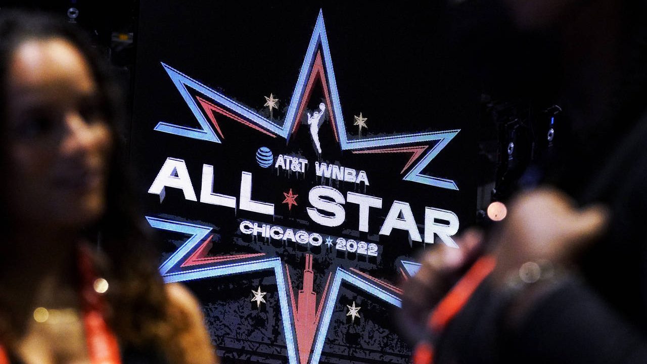 A sign is displayed during practice for the WNBA All-Star basketball game in Chicago, Saturday, Jul...
