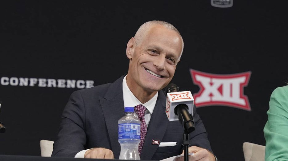 Incoming Big 12 Commissioner Brett Yorkman smiles during a news conference opening the NCAA college...
