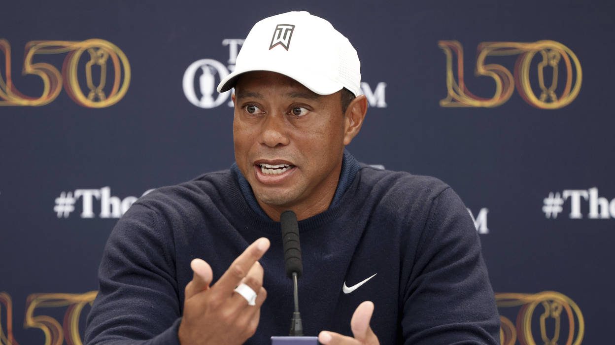 US golfer Tiger Woods speaks during a press conference at the British Open golf championship in St ...