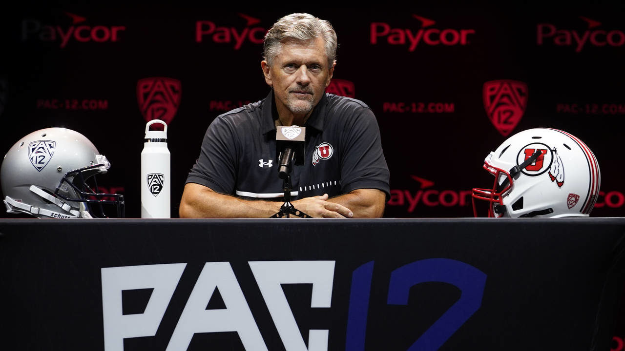 Utah head coach Kyle Whittingham speaks during Pac-12 Conference men's NCAA college football media ...