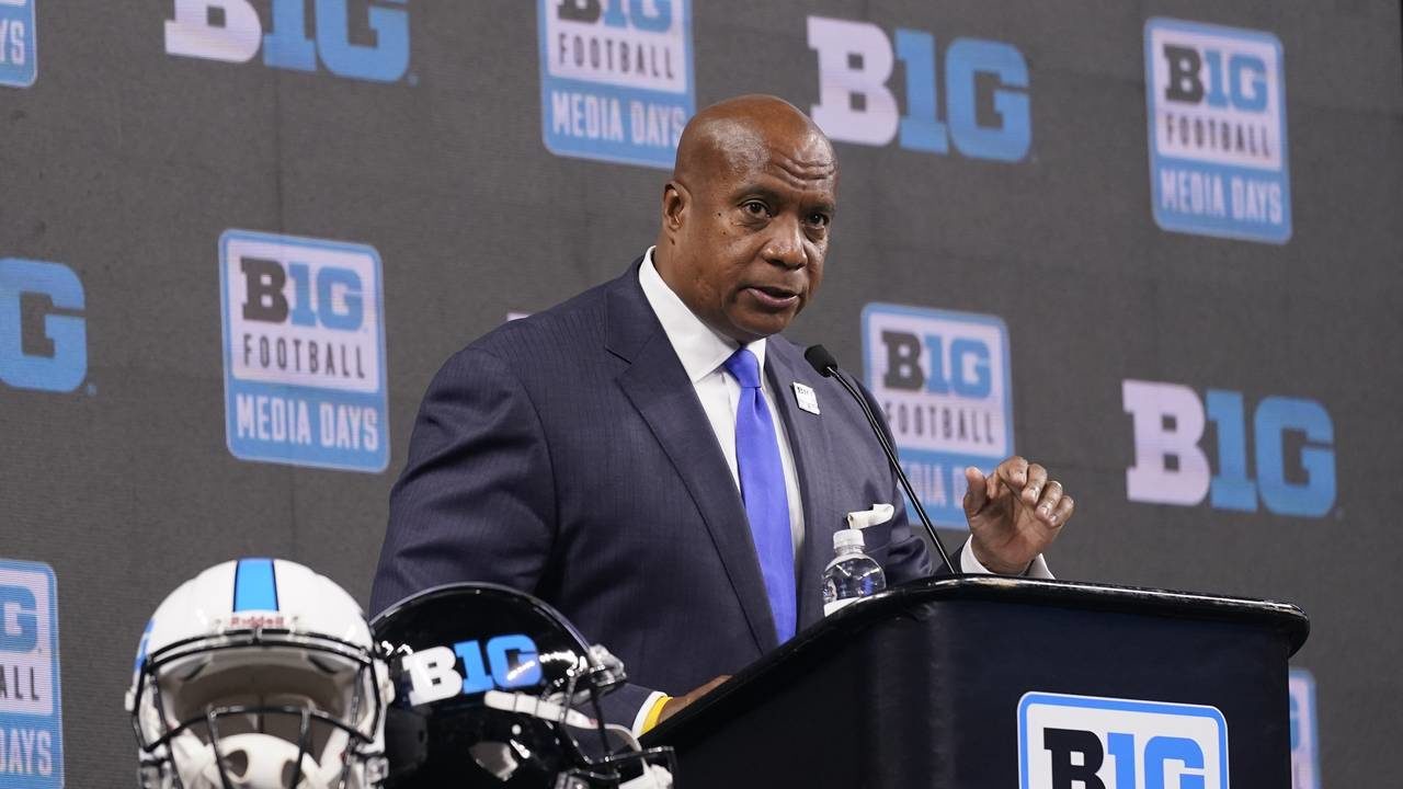 Big Ten Commissioner Kevin Warren talks to reporters during an NCAA college football news conferenc...