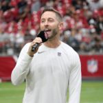 Arizona Cardinals head coach Kliff Kingsbury addresses the crowd during the Red & White practice on Saturday, Aug. 6, 2022, in Glendale. (Tyler Drake/Arizona Sports)