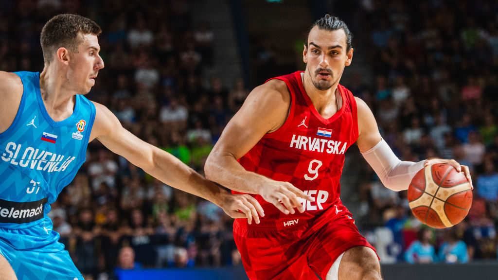 Dario Saric of Croatia dribbles the ball during the basketball friendly match between Slovenia and ...