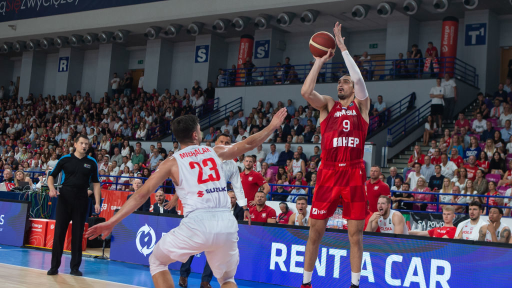 Michal Michalak (POL),Dario Saric (CRO) during the FIBA EuroBasket 2025 Pre-qualifiers match betwee...