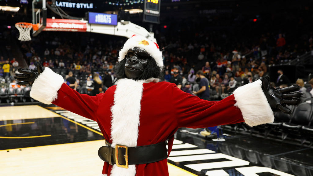 The Phoenix Suns mascot "The Gorilla" on the court before NBA game against the Golden State Warrior...