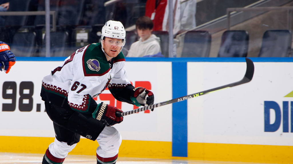 Lawson Crouse #67 of the Arizona Coyotes skates against the New York Islanders  at the UBS Arena on...
