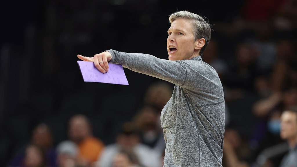 Head coach Vanessa Nygaard of the Phoenix Mercury reacts during the second half of the WNBA game at...