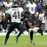 Arizona Cardinals wide receiver Victor Bolden (38) pulls in a catch as Baltimore Ravens cornerback Daryl Worley (41) defends during the first half of an NFL preseason football game, Sunday, Aug. 21, 2022, in Glendale, Ariz. (AP Photo/Darryl Webb)