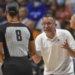 Connecticut Sun coach Curt Miller protests a non-call with official Blanca Burns during the team's WNBA basketball game against the Phoenix Mercury on Tuesday, Aug. 2, 2022, in Uncasville, Conn. (Sean D. Elliot/The Day via AP)