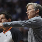 Phoenix Mercury coach Vanessa Nygaard makes a point to official Roy Gulbeyan during the team's WNBA basketball game against the Connecticut Sun on Tuesday, Aug. 2, 2022, in Uncasville, Conn. (Sean D. Elliot/The Day via AP)