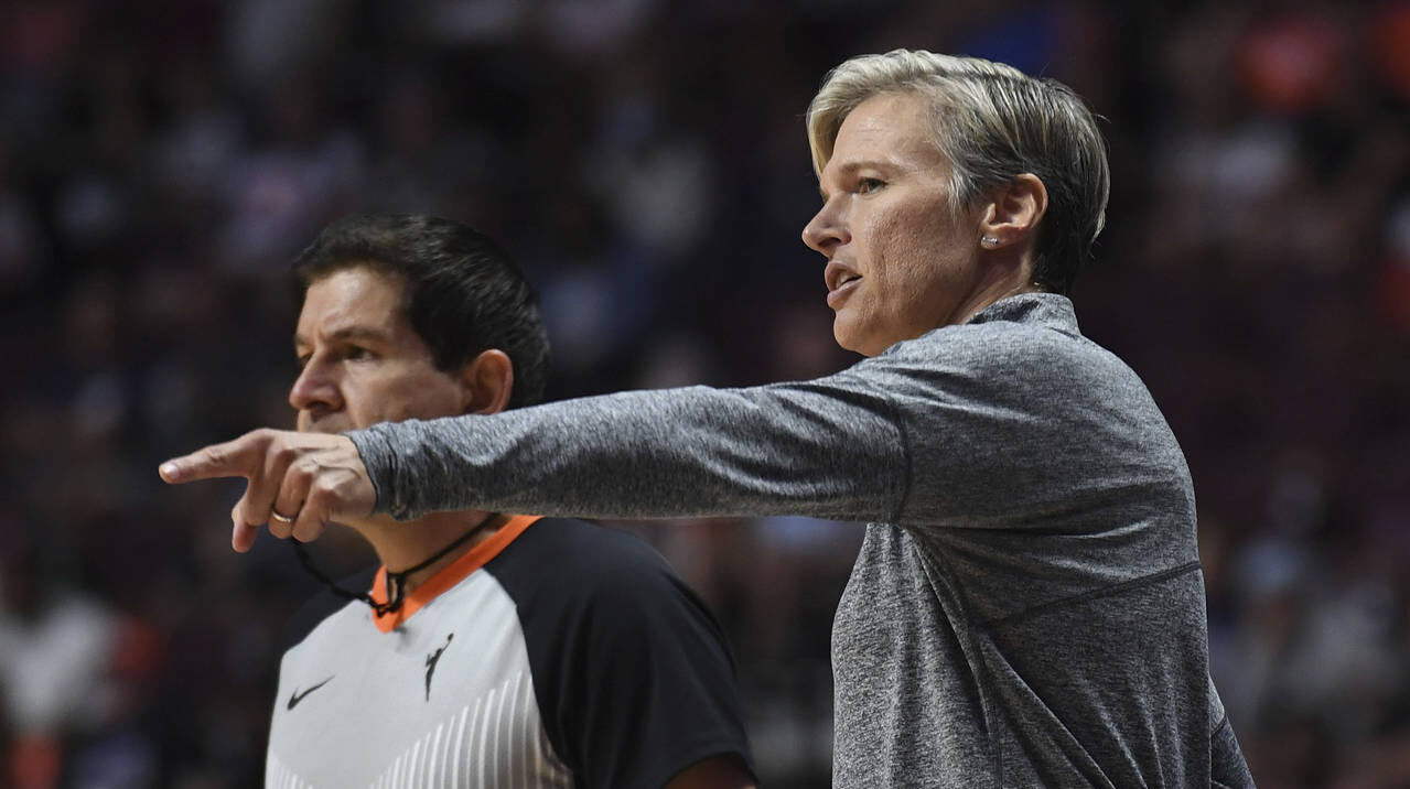 Phoenix Mercury coach Vanessa Nygaard makes a point to official Roy Gulbeyan during the team's WNBA...