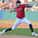 Cleveland Guardians starting pitcher Cal Quantrill delivers during the first inning of a baseball game against the Arizona Diamondbacks, Monday, Aug. 1, 2022, in Cleveland. (AP Photo/David Dermer)