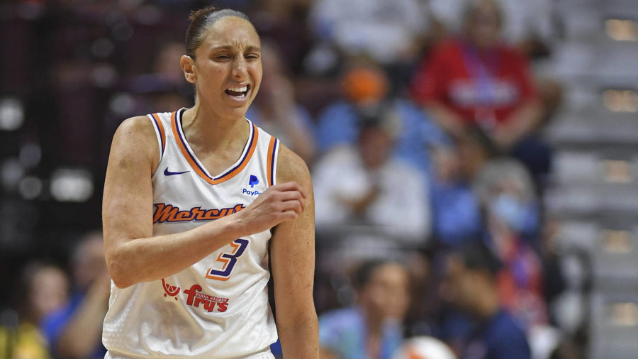 Phoenix Mercury guard Diana Taurasi reacts after throwing the ball out of b...