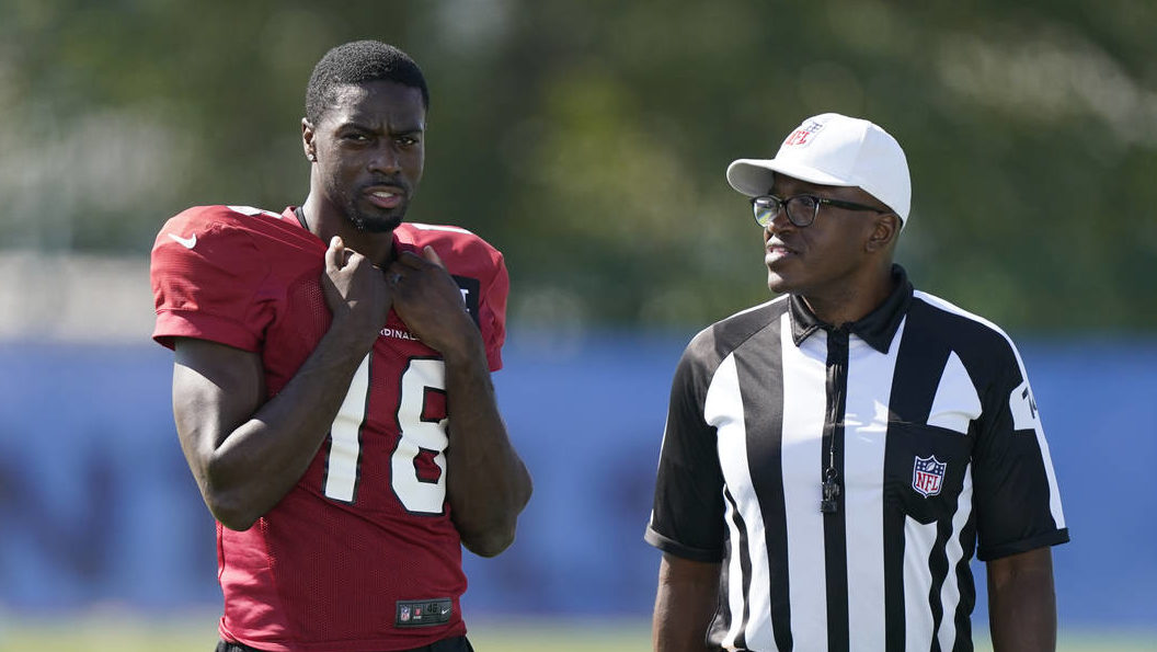 Arizona Cardinals wide receiver A.J. Green talks to an official during NFL football training camp W...