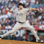 New York Yankees starting pitcher Gerrit Cole (45) throws during the first inning of a baseball game against the Los Angeles Angels in Anaheim, Calif., Wednesday, Aug. 31, 2022. (AP Photo/Ashley Landis)