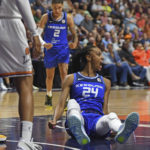 Connecticut Sun forward DeWanna Bonner (24) reacts after scoring and being fouled by Phoenix Mercury forward Brianna Turner during a WNBA basketball game Tuesday, Aug. 2, 2022, in Uncasville, Conn. (Sean D. Elliot/The Day via AP)