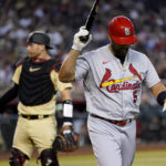 St. Louis Cardinals' Albert Pujols (5) reacts after striking out against the Arizona Diamondbacks during the seventh inning of a baseball game, Friday, Aug. 19, 2022, in Phoenix. (AP Photo/Matt York)